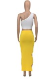 Summer Party White Lace Up One Shoulder Crop Top and Hollow Out Yellow Pencil Skirt 2pc Set
