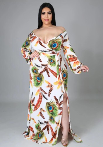 Lange maxi-jurk met lange mouwen en print in grote maten voor herfst