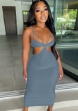Summer Party Grey Cut Out Sexy Ribbed Strap Midi Dress