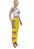 Summer Party White Lace Up One Shoulder Crop Top and Hollow Out Yellow Pencil Skirt 2pc Set