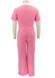 Summer Plus Size Casual Pink O Neck Loose Jumpsuit