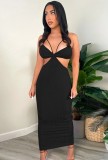 Summer Party Black Cut Out Sexy Ribbed Strap Midi Dress