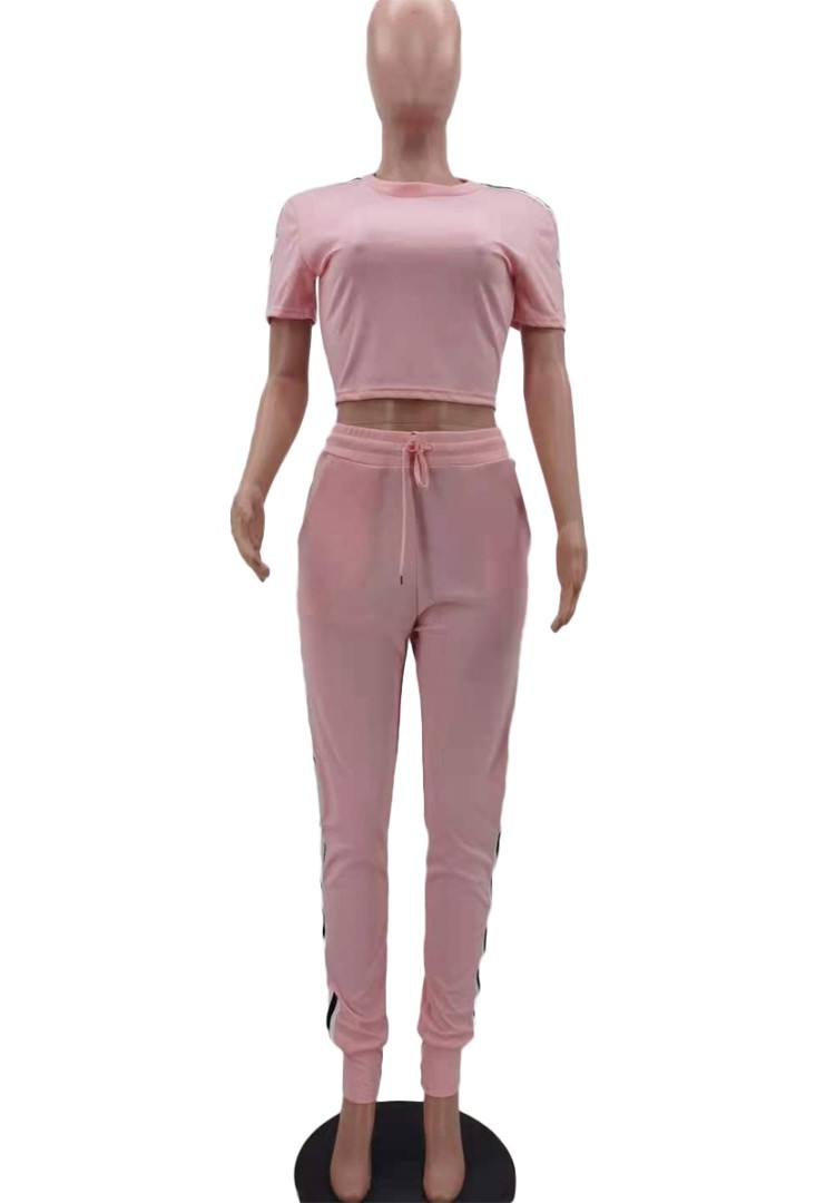 Wholesale Summer Casual Pink Crop Top and Matching Sweatpants 2PC Set | Global Lover
