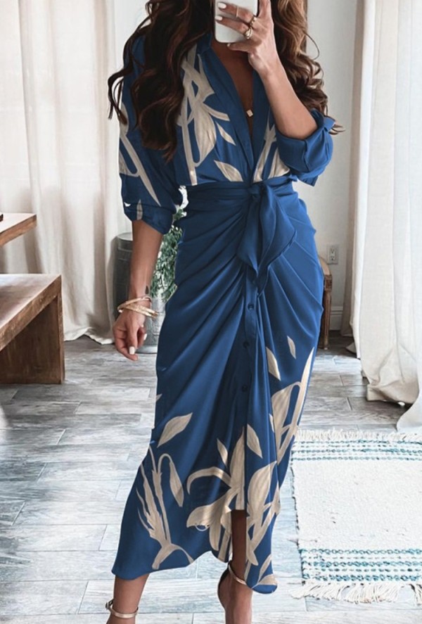 Autumn Formal Blue Print Ruched Long Dress