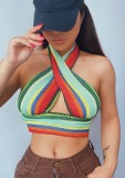 Summer Party Sexy Knit Rainbow Cross Halter Crop Top