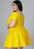 Summer Plus Size Yellow Off Shoulder Crop Top and Pleated Skirt 2PC Set