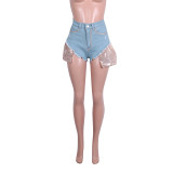Summer Party Light Blue High Waist Sequins Patch Denim Shorts