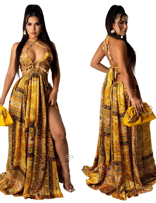 Summer Print Gold Sexy O-Ring Halter Long Maxi Dress