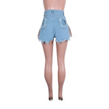 Summer Party Light Blue High Waist Sequins Patch Denim Shorts