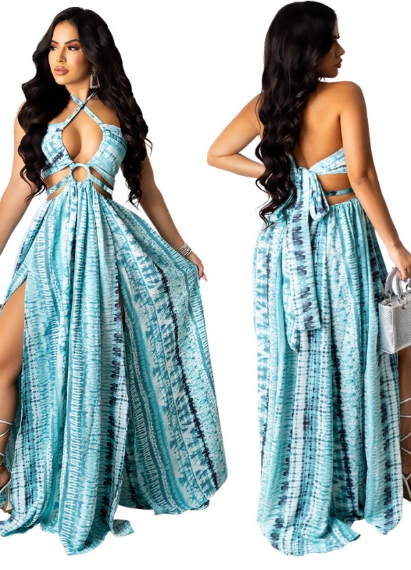 Summer Print Blue Sexy O-Ring Halter Long Maxi Dress