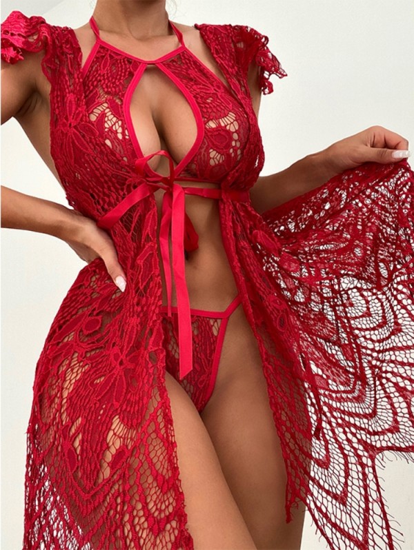 Summer Red Lace 3PC Lingerie Set