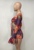 Summer Party Print Sexy Knotted Crop Top and Ruched Mini Skirt Set