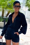 Autumn Black Front Zipper Puff Sleeve Casual Rompers