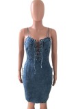 Summer Casual Blue Lace Up Strap Bodycon Denim Dress