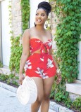 Summer Red Floral Bandeau Top and Shorts 2PC Set