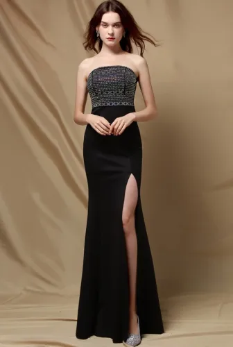 Autumn Black Beaded Upper Slit Strapless Evening Dress