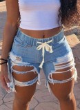 Summer Blue Washed Drawstrings Damaged Denim Shorts