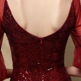 Autumn Red Sequin Mesh Sleeves V-Neck Mermaid Evening Dress