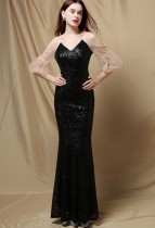 Autumn Black Sequin Mesh Sleeves V-Neck Mermaid Evening Dress