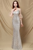 Autumn Silver Sequin Mesh Sleeves V-Neck Mermaid Evening Dress