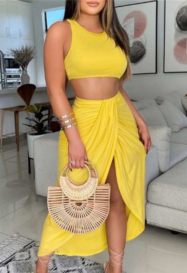 Summer Party Yellow Crop Top and Irregular Long Skirt Sundress Set
