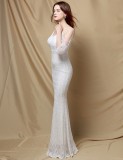 Autumn White Sequin Mesh Sleeves V-Neck Mermaid Evening Dress