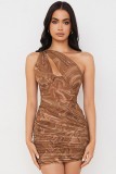 Summer Party Sexy Print Brown One Shoulder Ruched Mini Dress