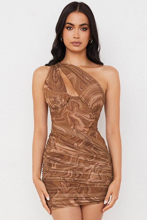 Wholesale Summer Party Sexy Print Brown One Shoulder Ruched Mini Dress ...