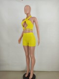 Summer Sexy Yellow Halter Crop Top and Biker Shorts 2 Piece Matching Set