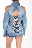 Autumn Blue Washed Cut Out Long Sleeve Ripped Denim Jacket