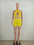 Summer Sexy Yellow Halter Crop Top and Biker Shorts 2 Piece Matching Set