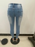 Summer Blue Washed High Waist Ripped Tight Jeans