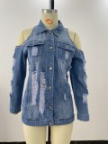 Autumn Blue Washed Cut Out Long Sleeve Ripped Denim Jacket