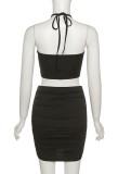 Summer Party Black Sexy Ruched Halter Crop Top and Mini Skirt Set