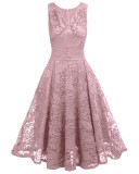 Summer Wedding Pink Lace Sleeveless V-Neck Bridesmaid Dress