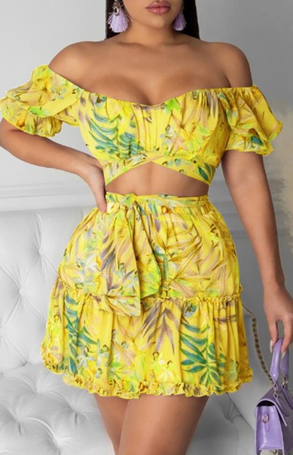 Summer Sexy Floral Yellow Crop Top and High Waist Skirt Sundress Set