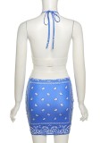 Summer Party Sexy Blue Print Bra and Matching Mini Skirt Set