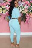 Summer Casual Blue Crop Top and Matching Pants 2PC Set