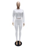 Autumn Casual White Long Sleeve Crop Top and Matching Pants 2PC Set