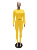 Autumn Casual Yellow Long Sleeve Crop Top and Matching Pants 2PC Set