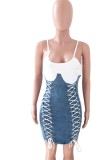 Summer Party Sexy Lace Up Patch Strap Denim Dress
