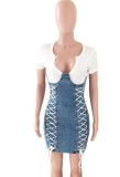 Summer Party Sexy Lace Up Patch Short Sleeve Denim Dress