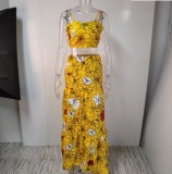 Summer Formal Yellow Floral Strap Crop Top and High Waist Long Skirt 2PC Sundress Set