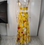 Summer Formal Yellow Floral Strap Crop Top and High Waist Long Skirt 2PC Sundress Set