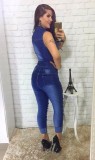Summer Casual Blue Button Up Short Sleeves Bodycon Denim Jumpsuit