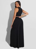 Summer Party Black Cut Out Crop Top and High Waist Wide Trouser Set