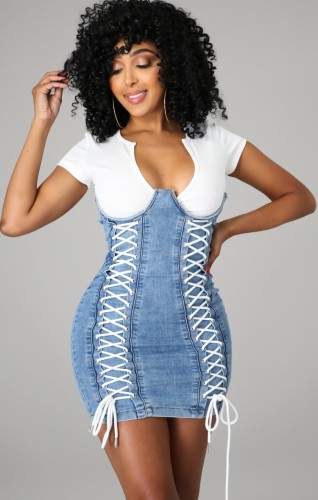Summer Party Sexy Lace Up Patch Short Sleeve Denim Dress