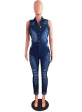 Summer Casual Blue Button Up Short Sleeves Bodycon Denim Jumpsuit