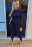 Autumn Casual Blue Long Sleeve Crop Top and Matching Pants 2PC Set