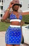 Summer Party Sexy Blue Print Bra and Matching Mini Skirt Set
